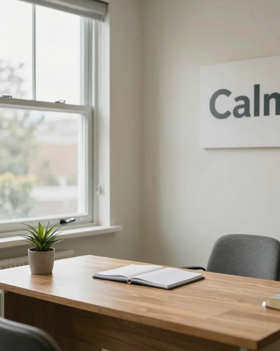 Calm clinical consultation room with soft window daylight, a wooden desk with a notebook and a small potted botanical, u