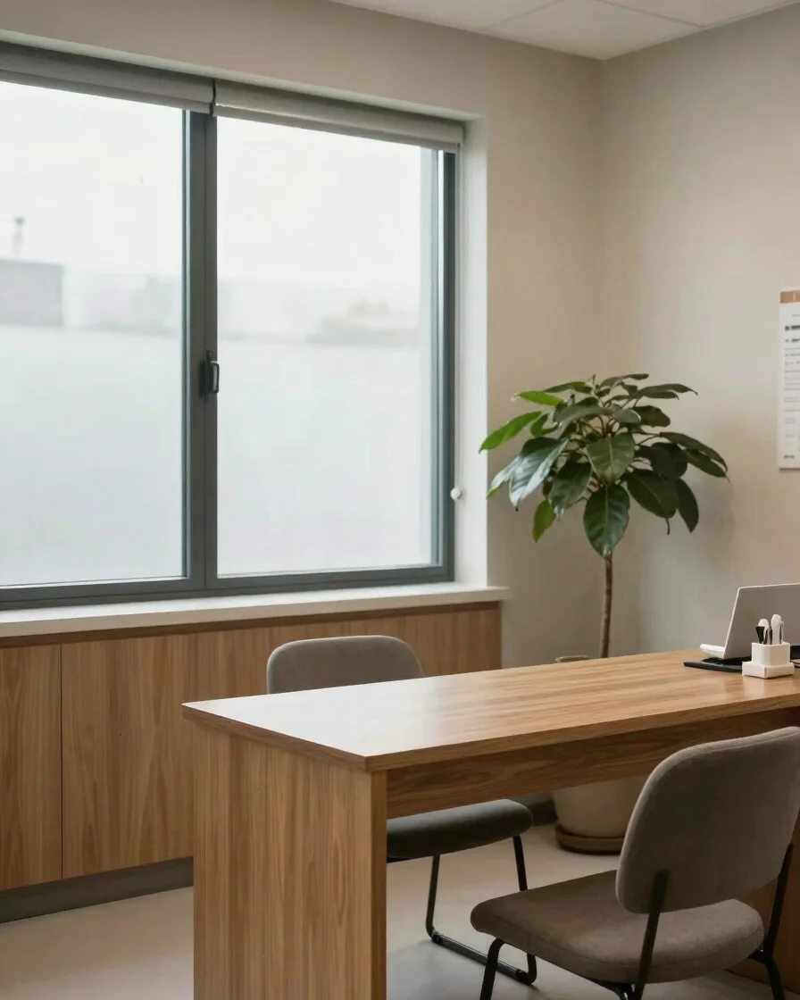 Welcoming clinic consultation room with soft window daylight, a wooden desk and chairs, muted botanical plant in the cor